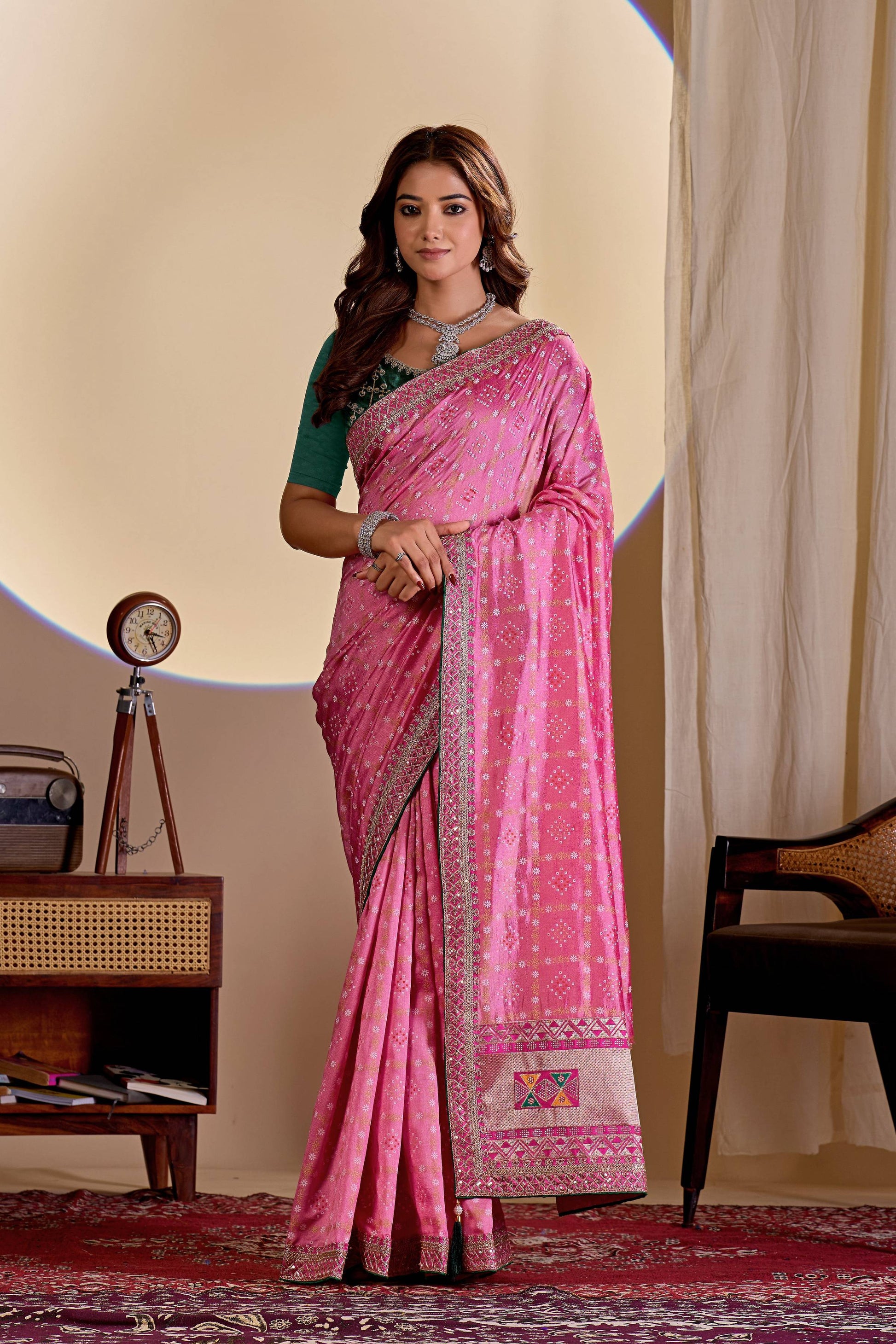 Dwija Fashion Women'S Party Wear Embroidery Vichitra Cp Designer Saree With Unstitched Blouse-Pink