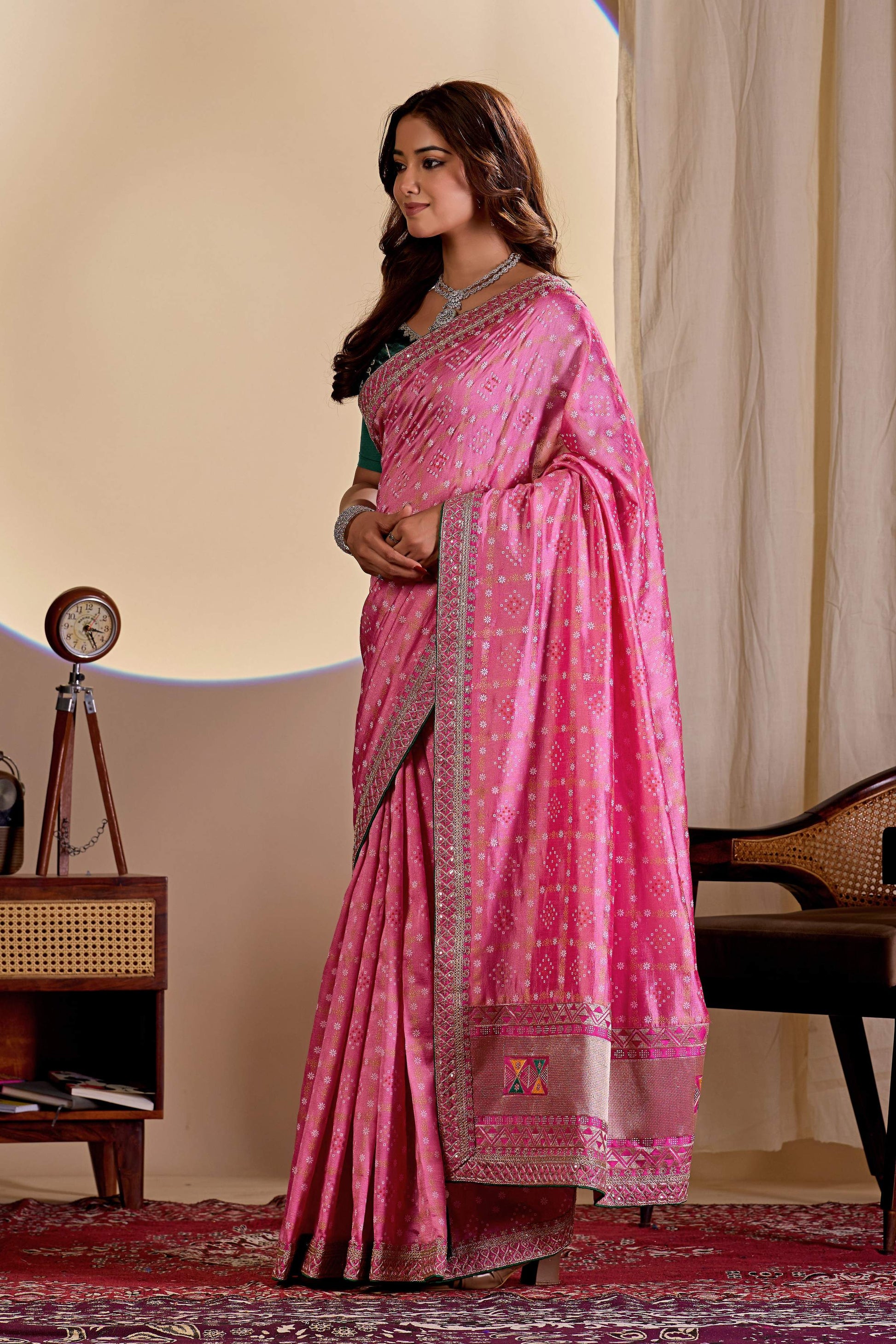 Dwija Fashion Women'S Party Wear Embroidery Vichitra Cp Designer Saree With Unstitched Blouse-Pink