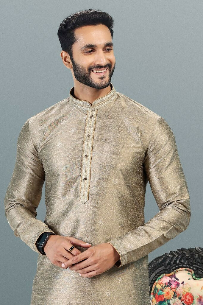 Raivat Ethnic Jacquard Banarasi Silk Pintux Work Kurta Pajama In Tusser Colour