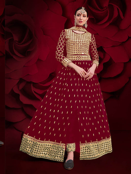 Myra Maroon Heavy Embroidered Pant Style Anarkali Suit 