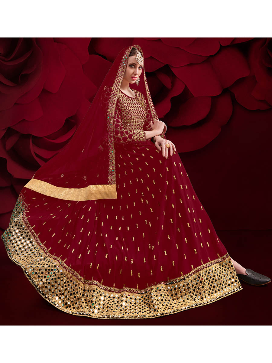 Myra Maroon Heavy Embroidered Pant Style Anarkali Suit 