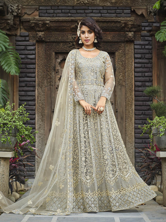 Myra Dusty Grey Butterfly Net Heavy Embroidered Designer Anarkali Suit 
