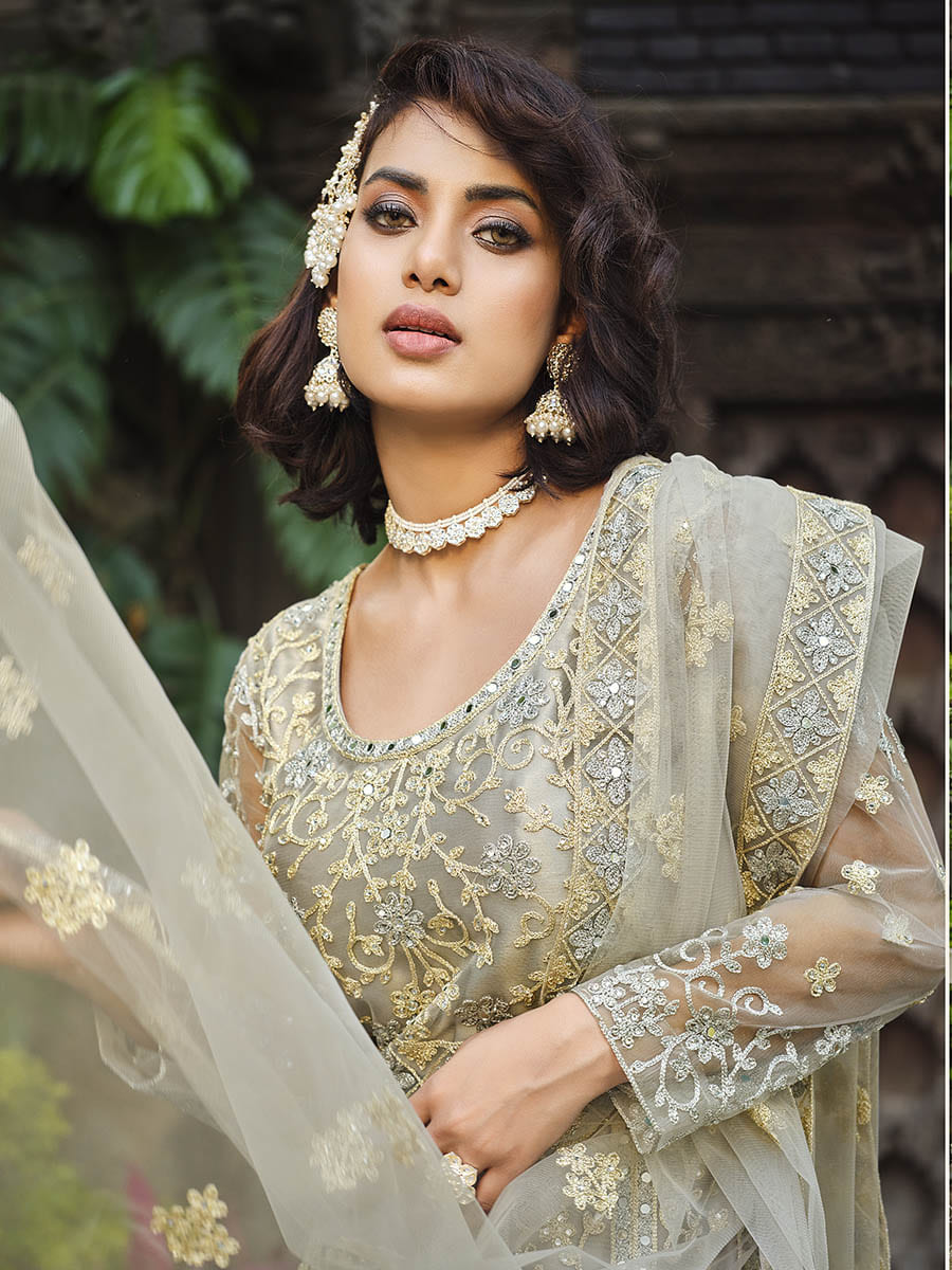 Myra Dusty Grey Butterfly Net Heavy Embroidered Designer Anarkali Suit 