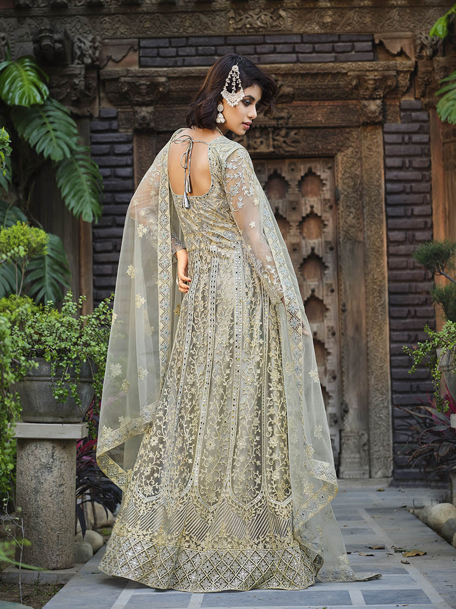 Myra Dusty Grey Butterfly Net Heavy Embroidered Designer Anarkali Suit 