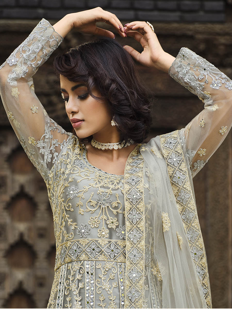 Myra Dusty Grey Butterfly Net Heavy Embroidered Designer Anarkali Suit 