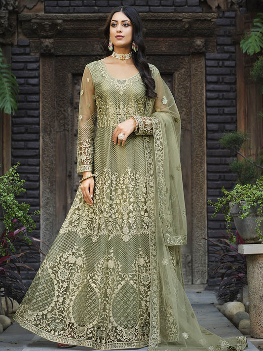 Myra Dusty Beige Butterfly Net Heavy Embroidered Designer Anarkali Suit 