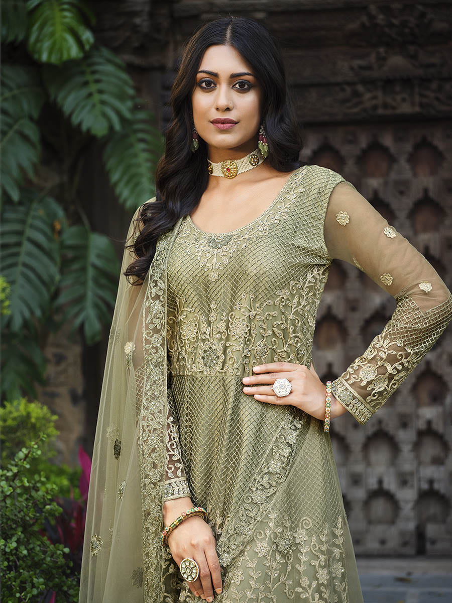 Myra Dusty Beige Butterfly Net Heavy Embroidered Designer Anarkali Suit 