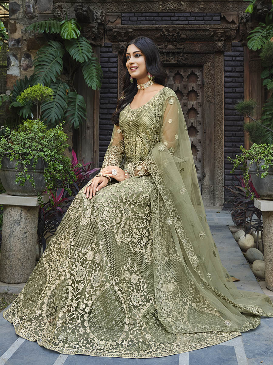 Myra Dusty Beige Butterfly Net Heavy Embroidered Designer Anarkali Suit 