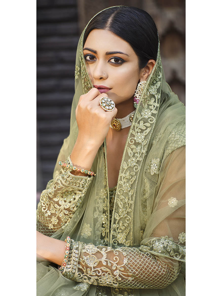Myra Dusty Beige Butterfly Net Heavy Embroidered Designer Anarkali Suit 