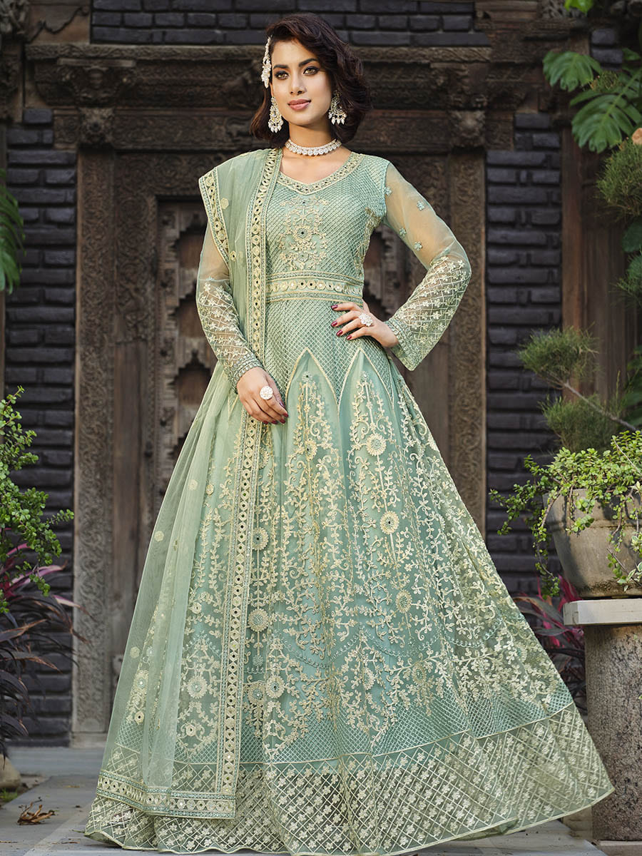 Myra Dusty Pista Butterfly Net Heavy Embroidered Designer Anarkali Suit 