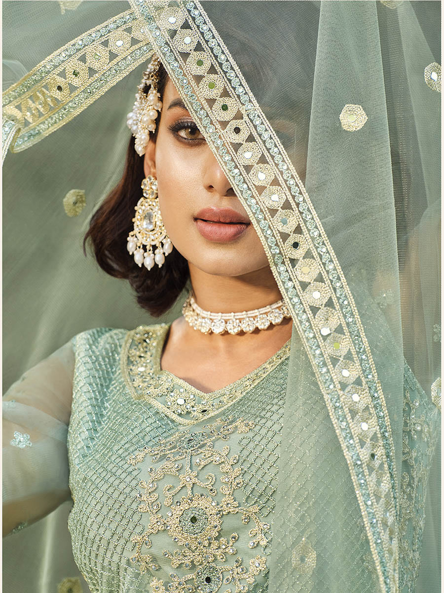 Myra Dusty Pista Butterfly Net Heavy Embroidered Designer Anarkali Suit 