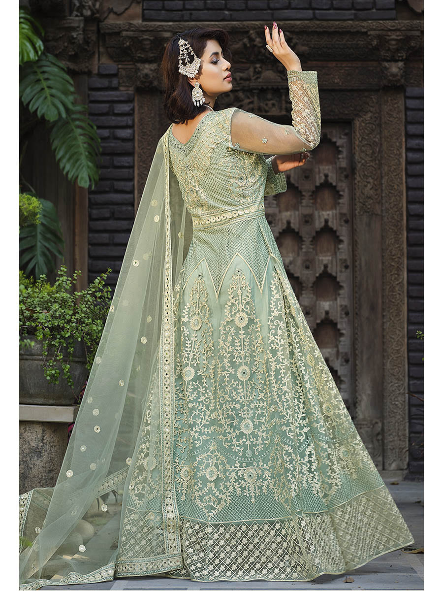 Myra Dusty Pista Butterfly Net Heavy Embroidered Designer Anarkali Suit 