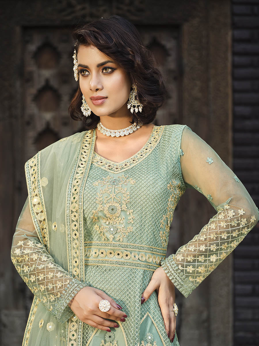 Myra Dusty Pista Butterfly Net Heavy Embroidered Designer Anarkali Suit 