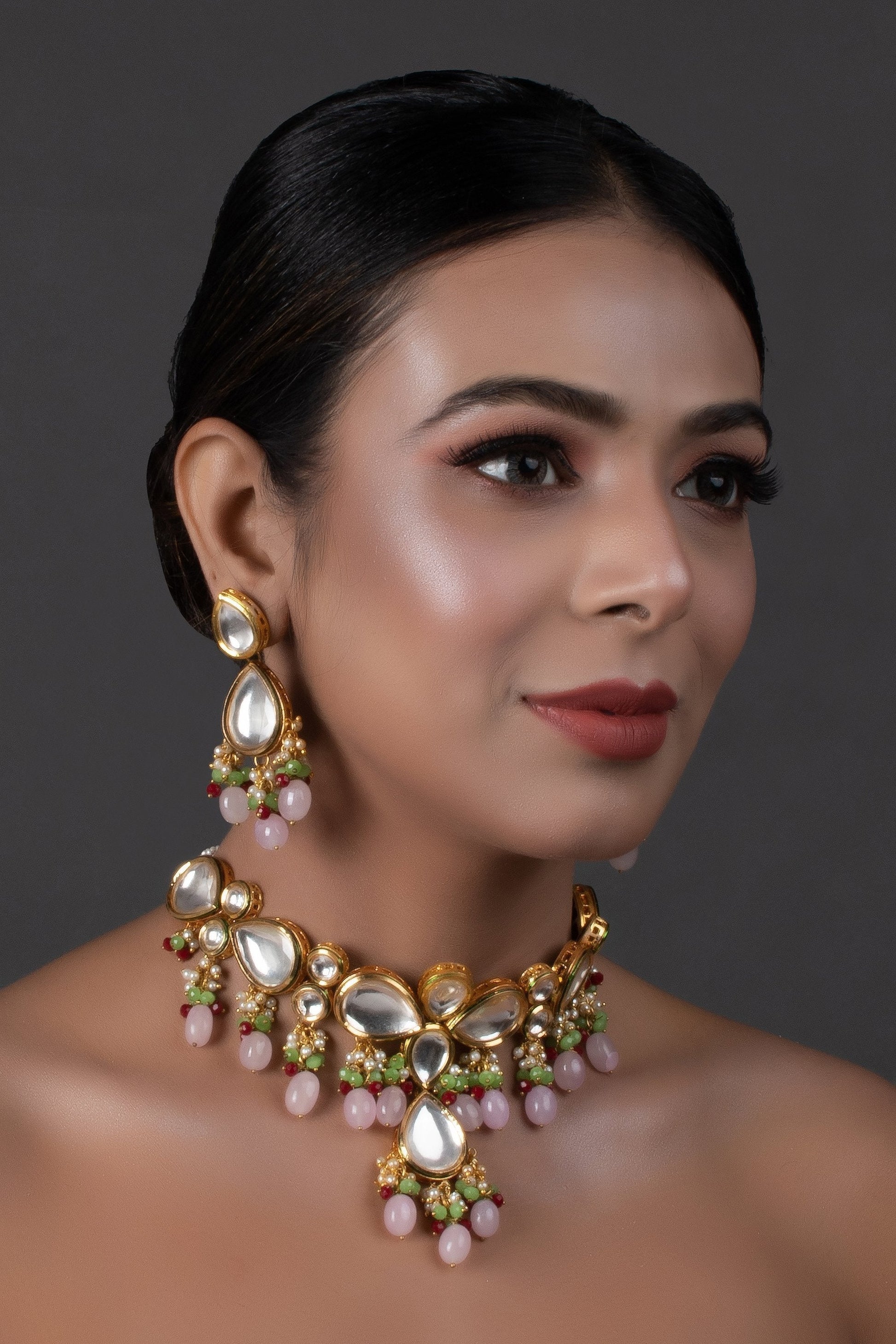 Peryl Women's Handcrafted Kundan Pastel Beaded Necklace With Earrings - Grab2buy