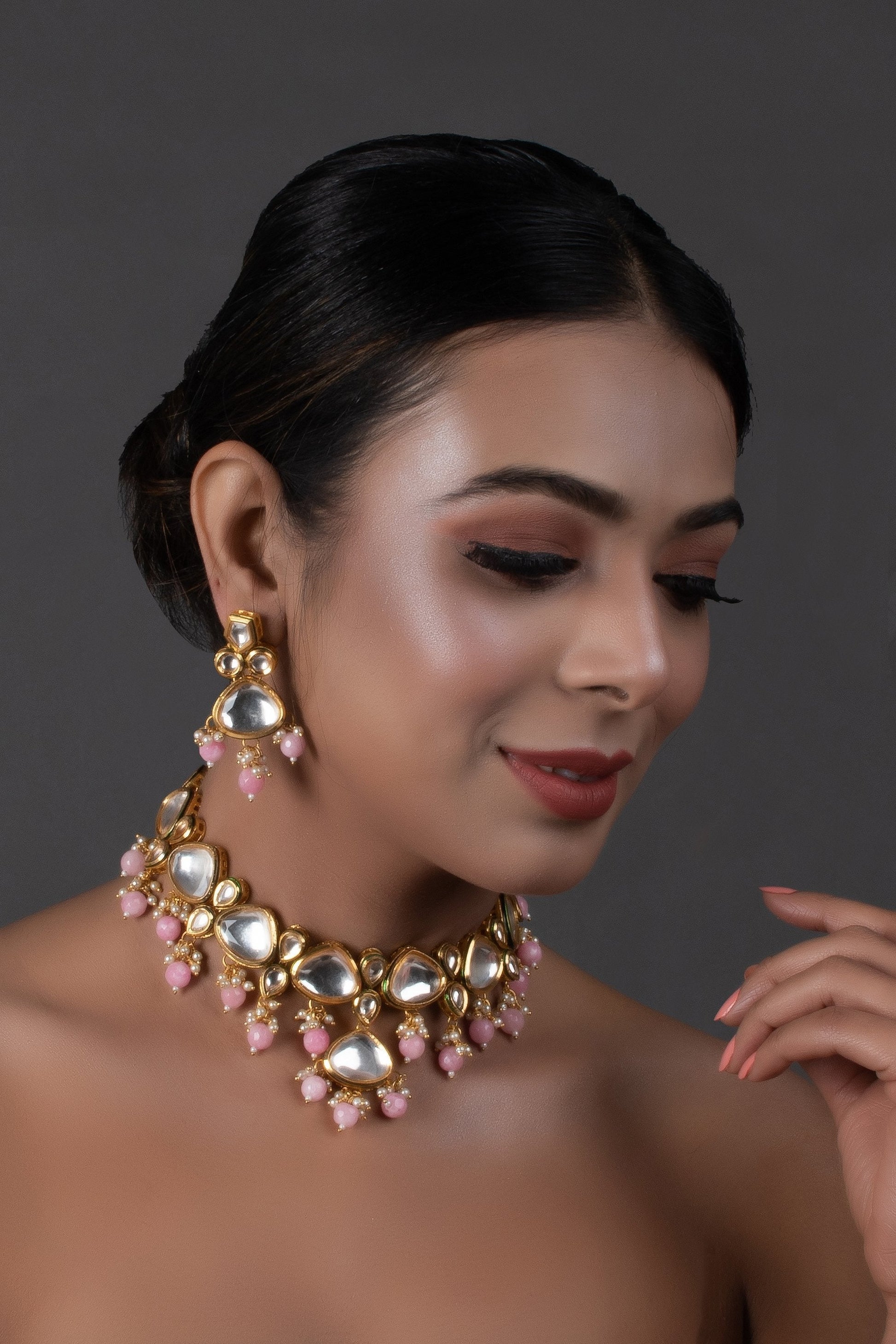 Peryl Women's Pearl & Pink Beaded Gold Tone Kundan Inspired Necklace With Earrings - Grab2buy