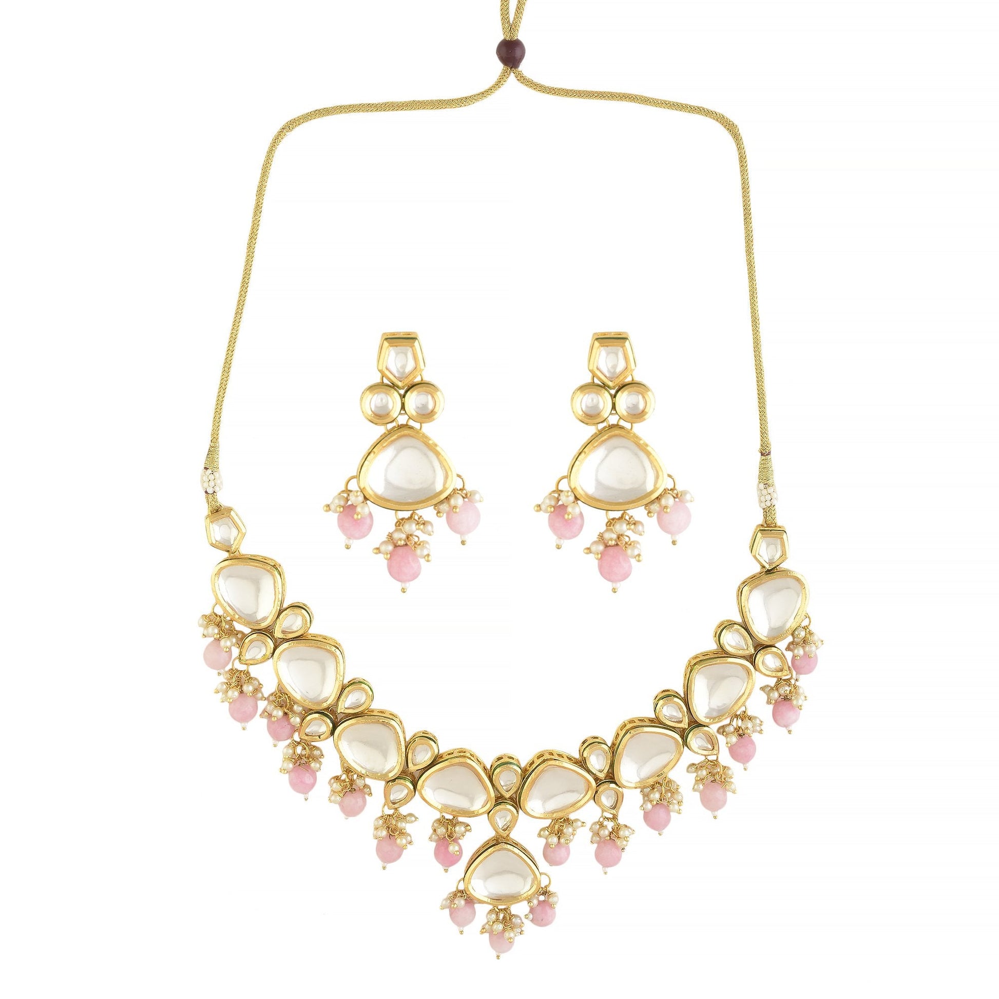 Peryl Women's Pearl & Pink Beaded Gold Tone Kundan Inspired Necklace With Earrings - Grab2buy
