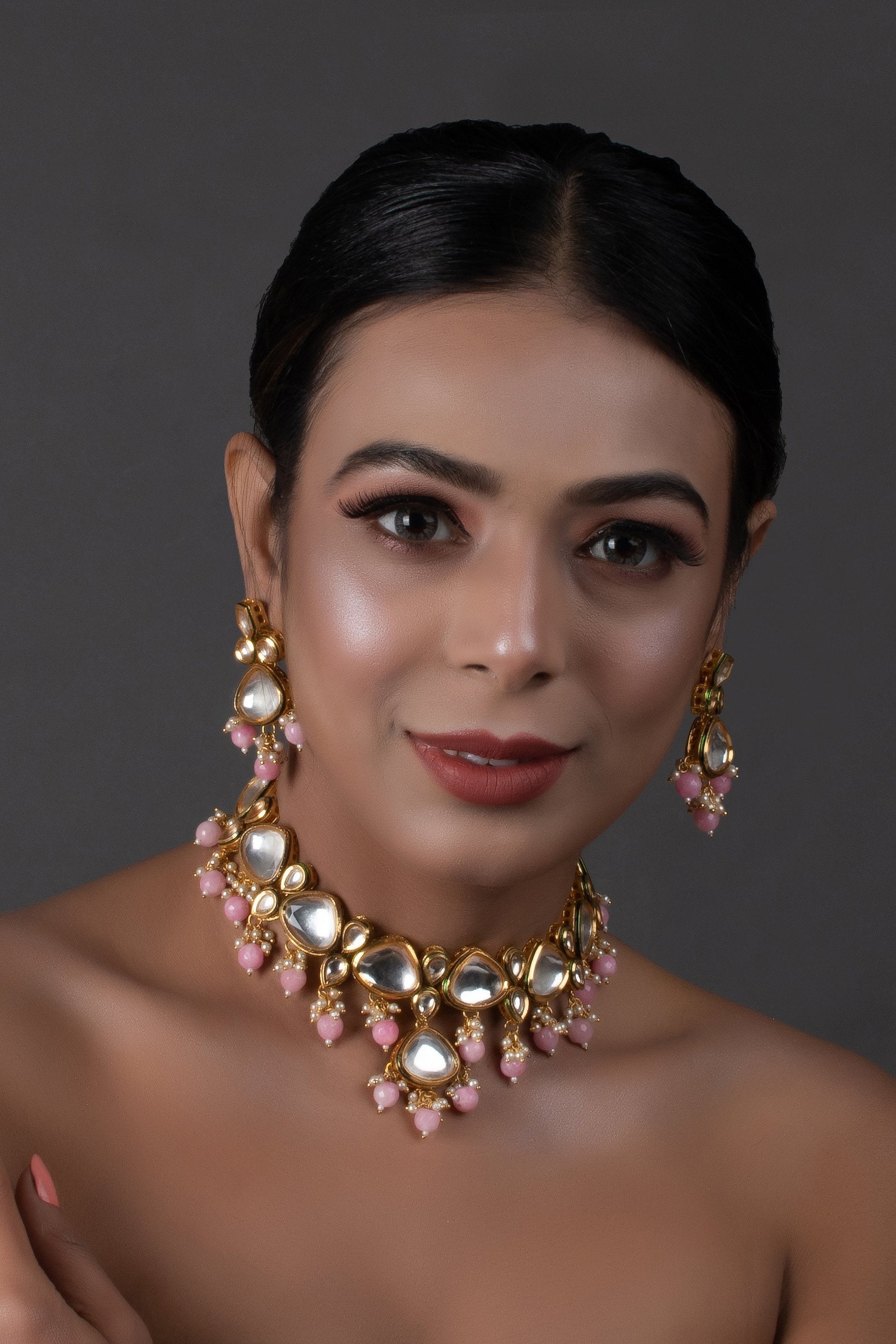 Peryl Women's Pearl & Pink Beaded Gold Tone Kundan Inspired Necklace With Earrings - Grab2buy