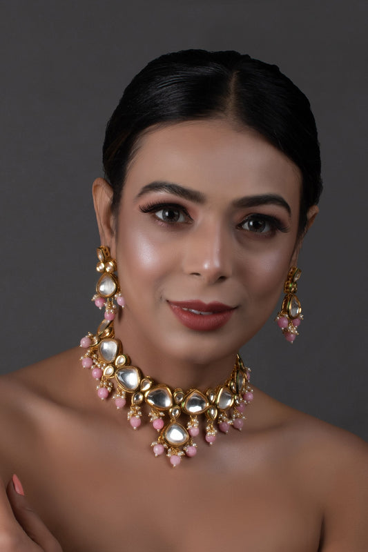 Peryl Women's Pearl & Pink Beaded Gold Tone Kundan Inspired Necklace With Earrings - Grab2buy