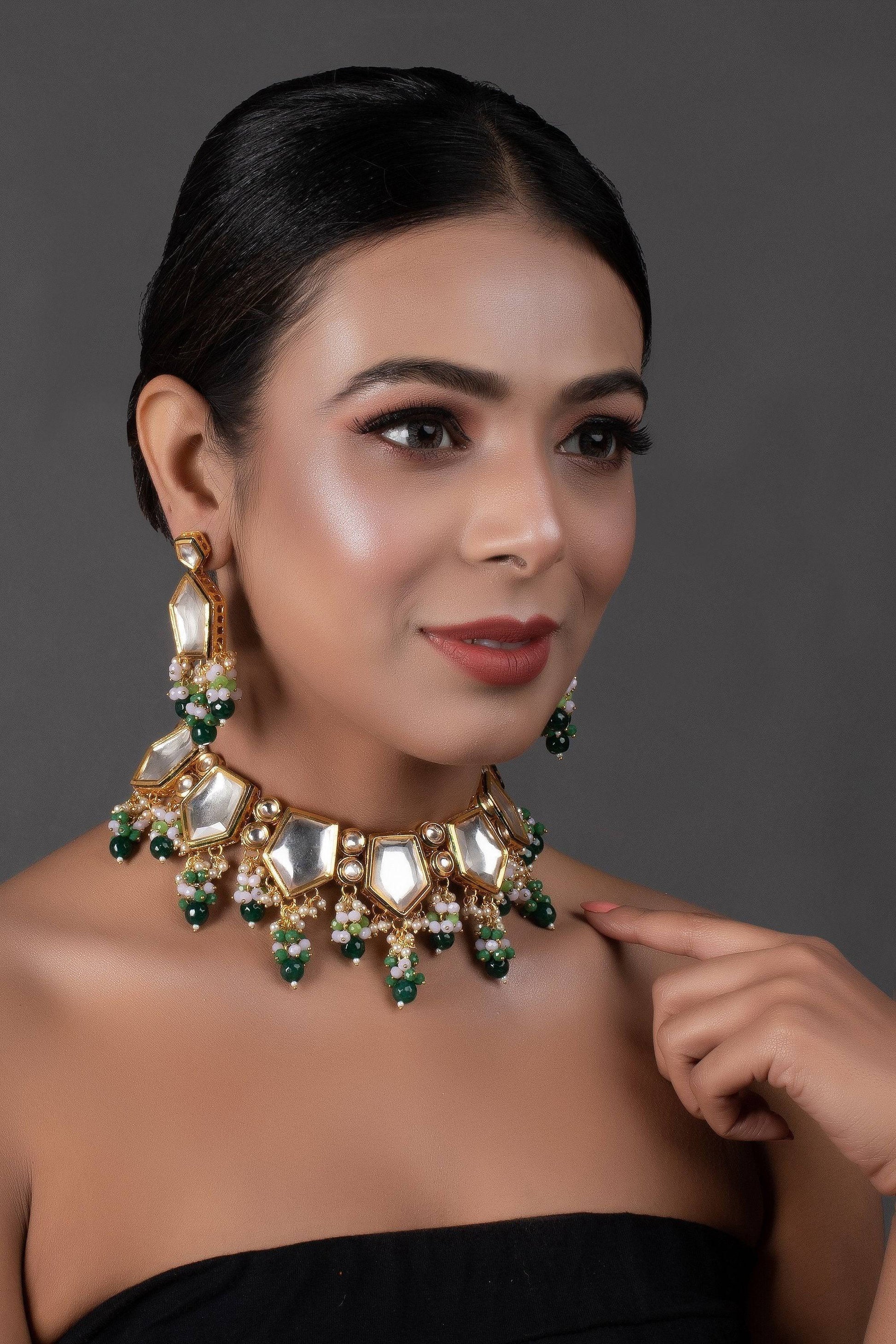 Peryl Women's Green Gold Toned Handcrafted Kundan Necklace Set - Grab2buy