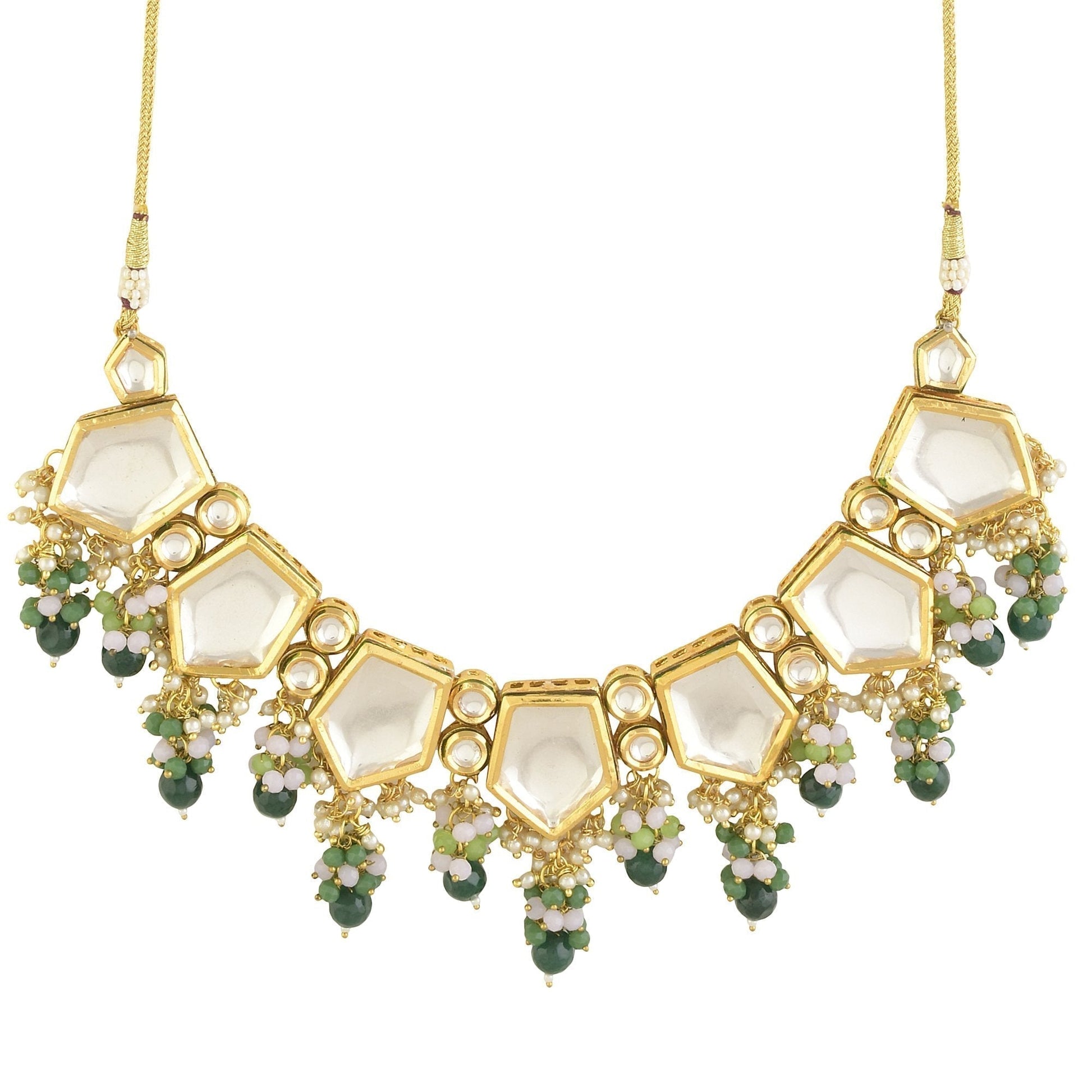 Peryl Women's Green Gold Toned Handcrafted Kundan Necklace Set - Swadesiicart