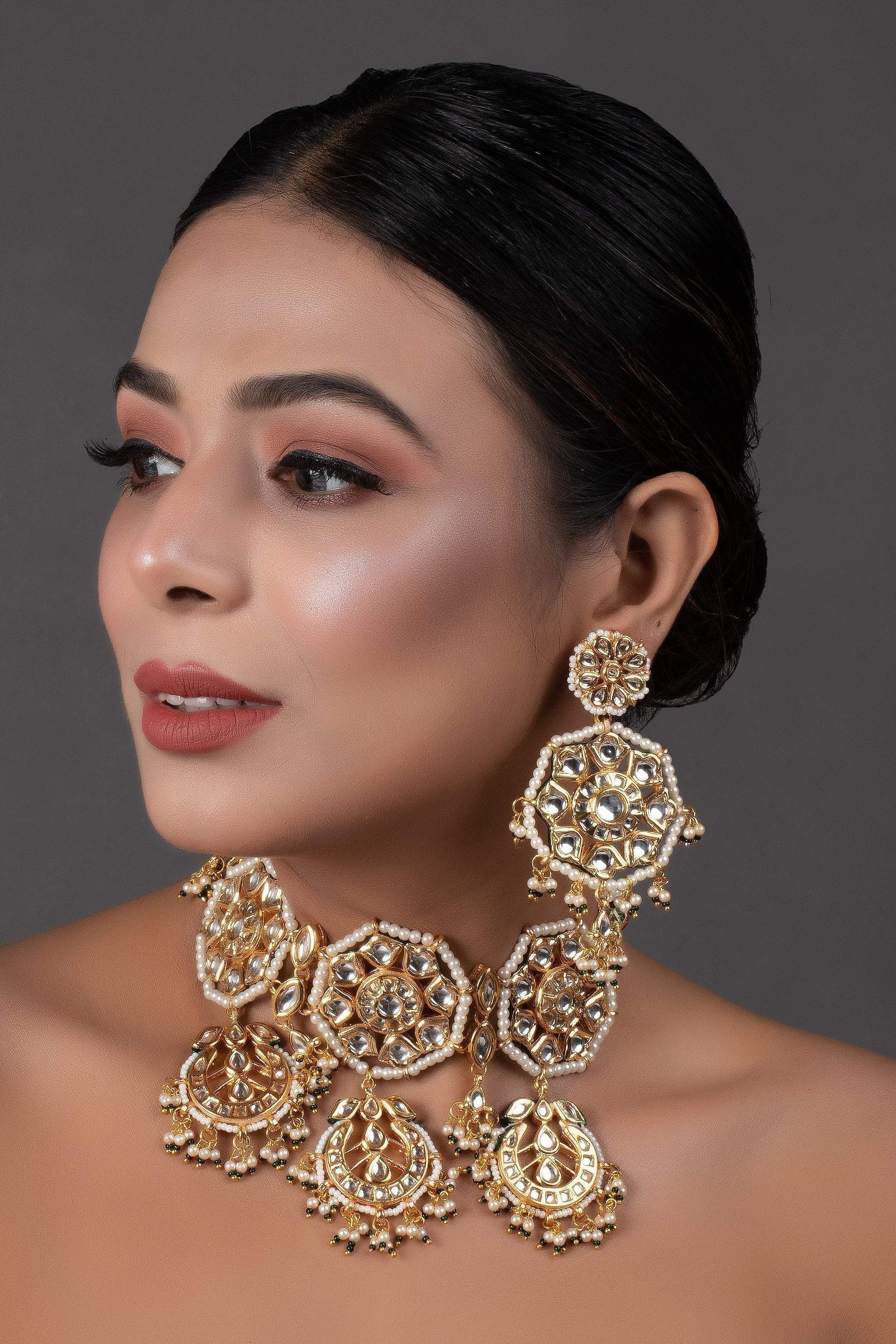 Peryl Women's Kundan Inspired Pearl Necklace With Earrings - Grab2buy