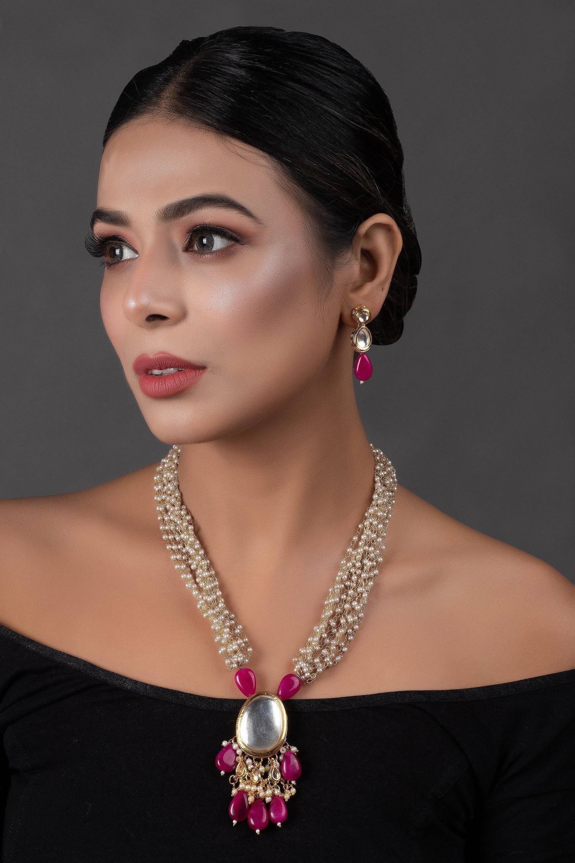 Peryl Women's Ruby Beaded Kundan Necklace With Earrings - Grab2buy