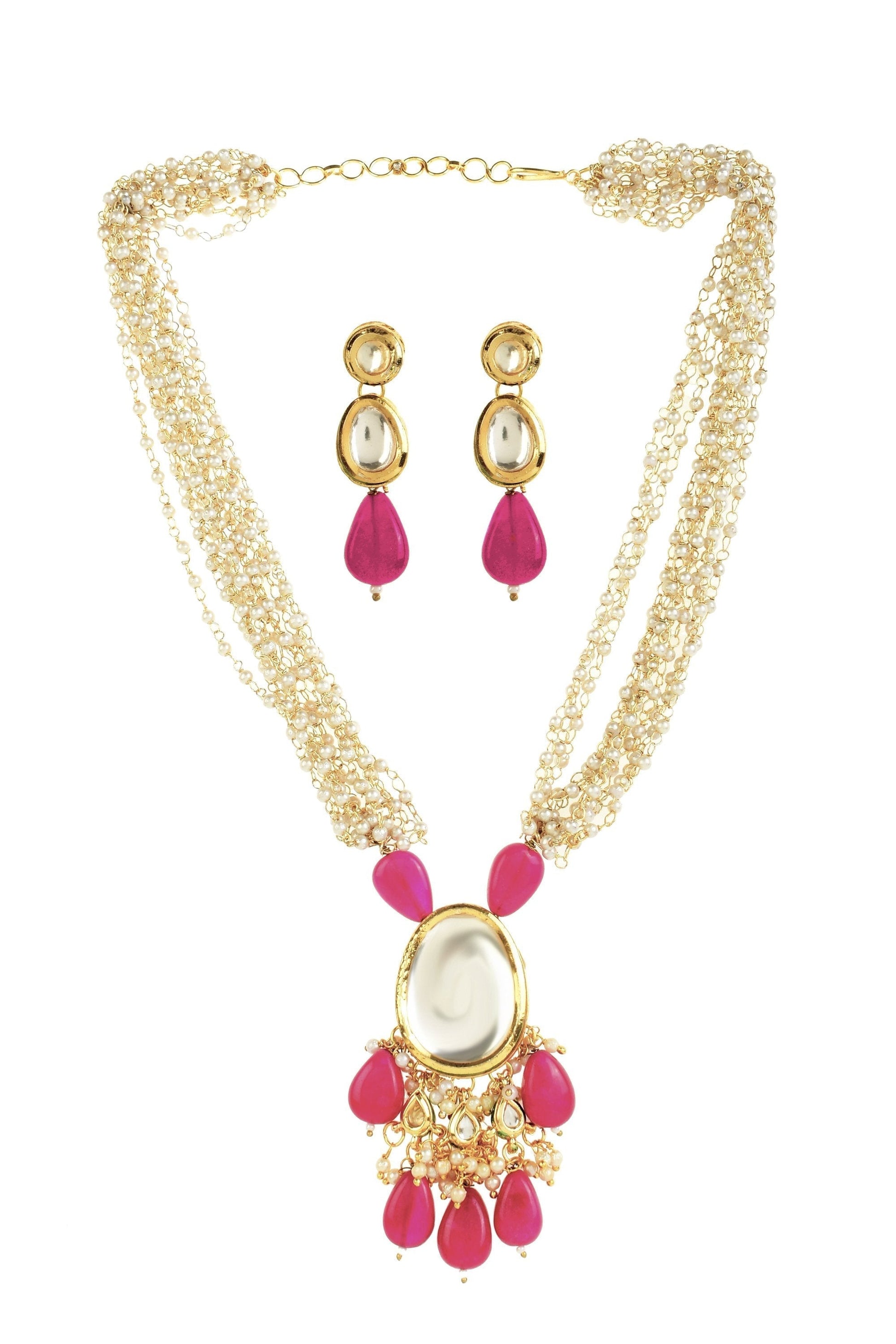 Peryl Women's Ruby Beaded Kundan Necklace With Earrings - Grab2buy
