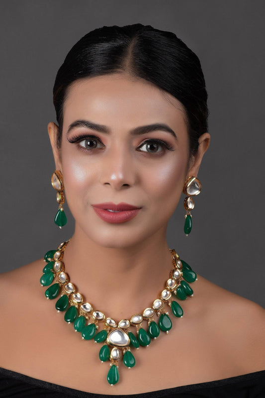 Peryl Women's Emerald Beaded Gold Toned Kundan Inspired Necklace With Earrings - Grab2buy