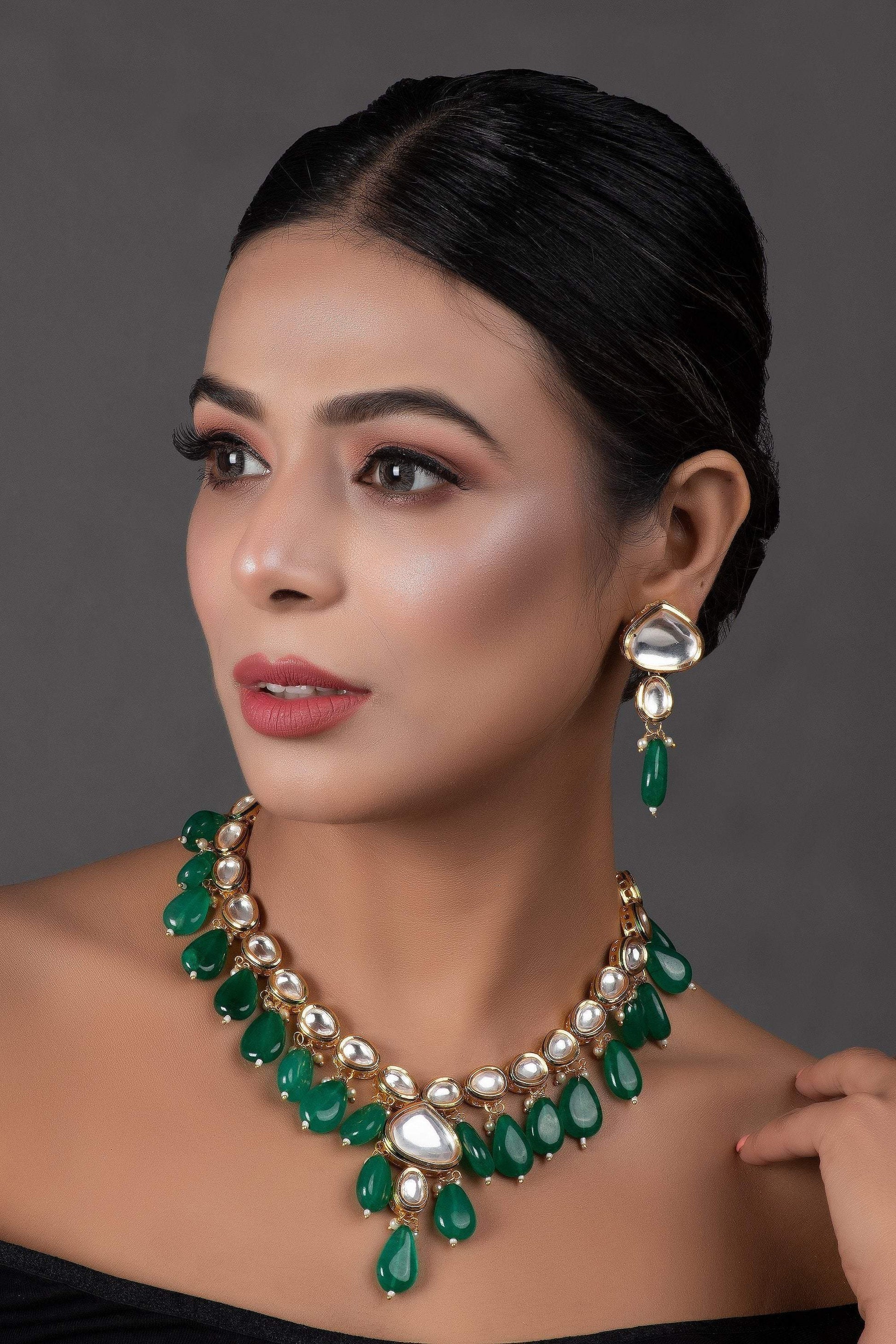 Peryl Women's Emerald Beaded Gold Toned Kundan Inspired Necklace With Earrings - Grab2buy