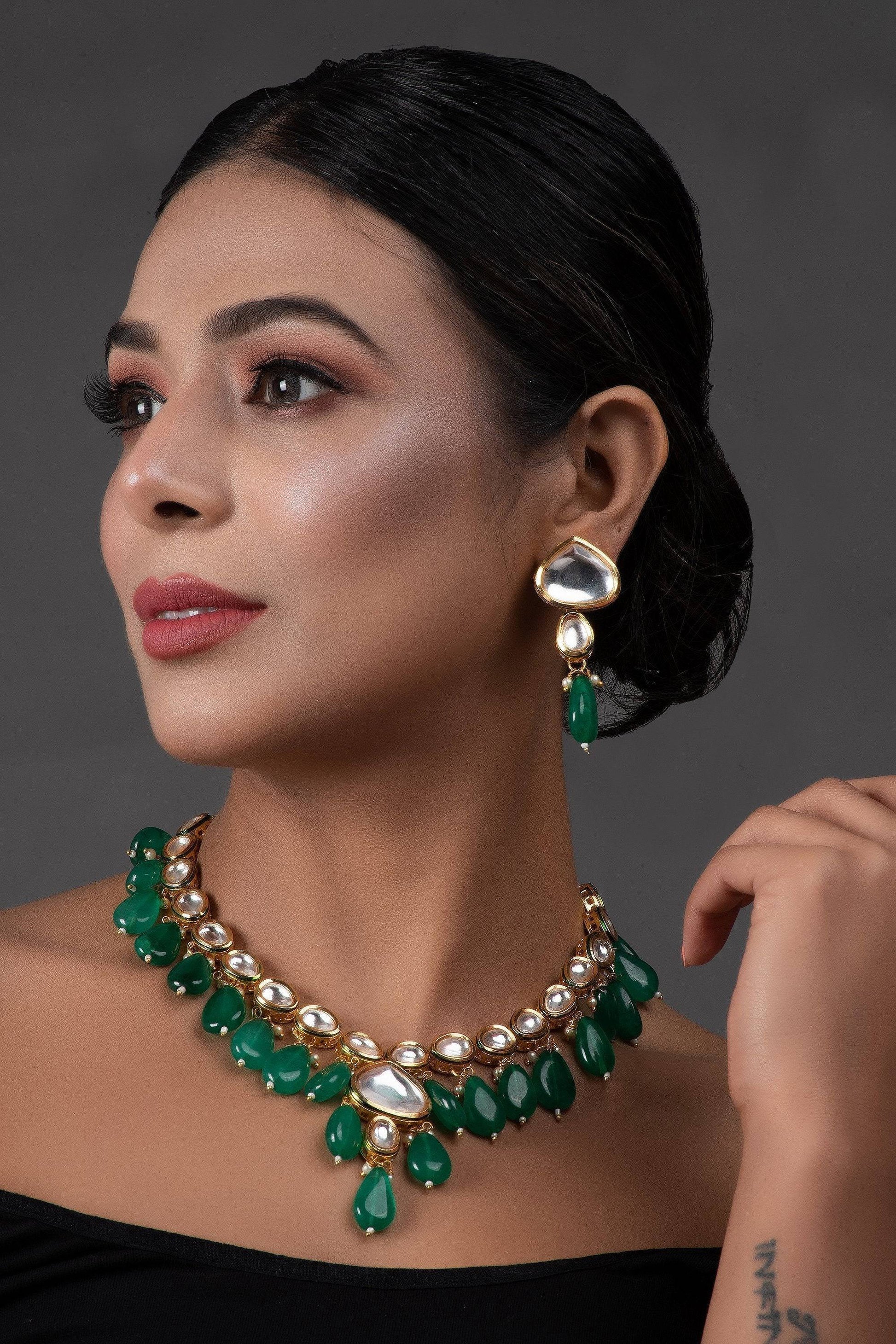 Peryl Women's Emerald Beaded Gold Toned Kundan Inspired Necklace With Earrings - Grab2buy