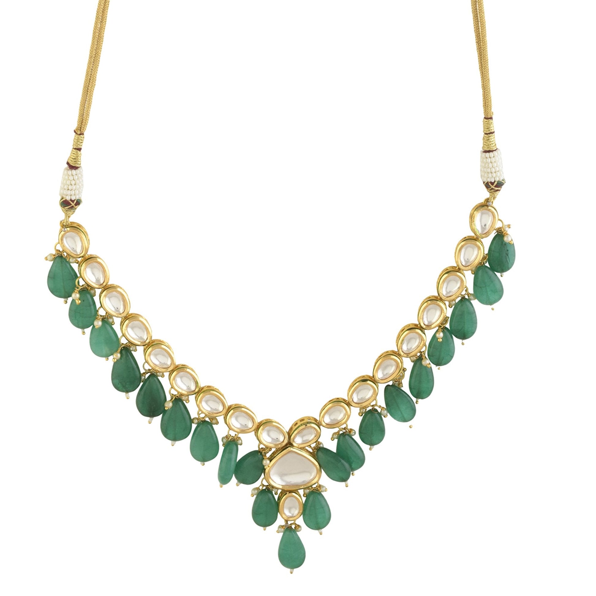 Peryl Women's Emerald Beaded Gold Toned Kundan Inspired Necklace With Earrings - Grab2buy