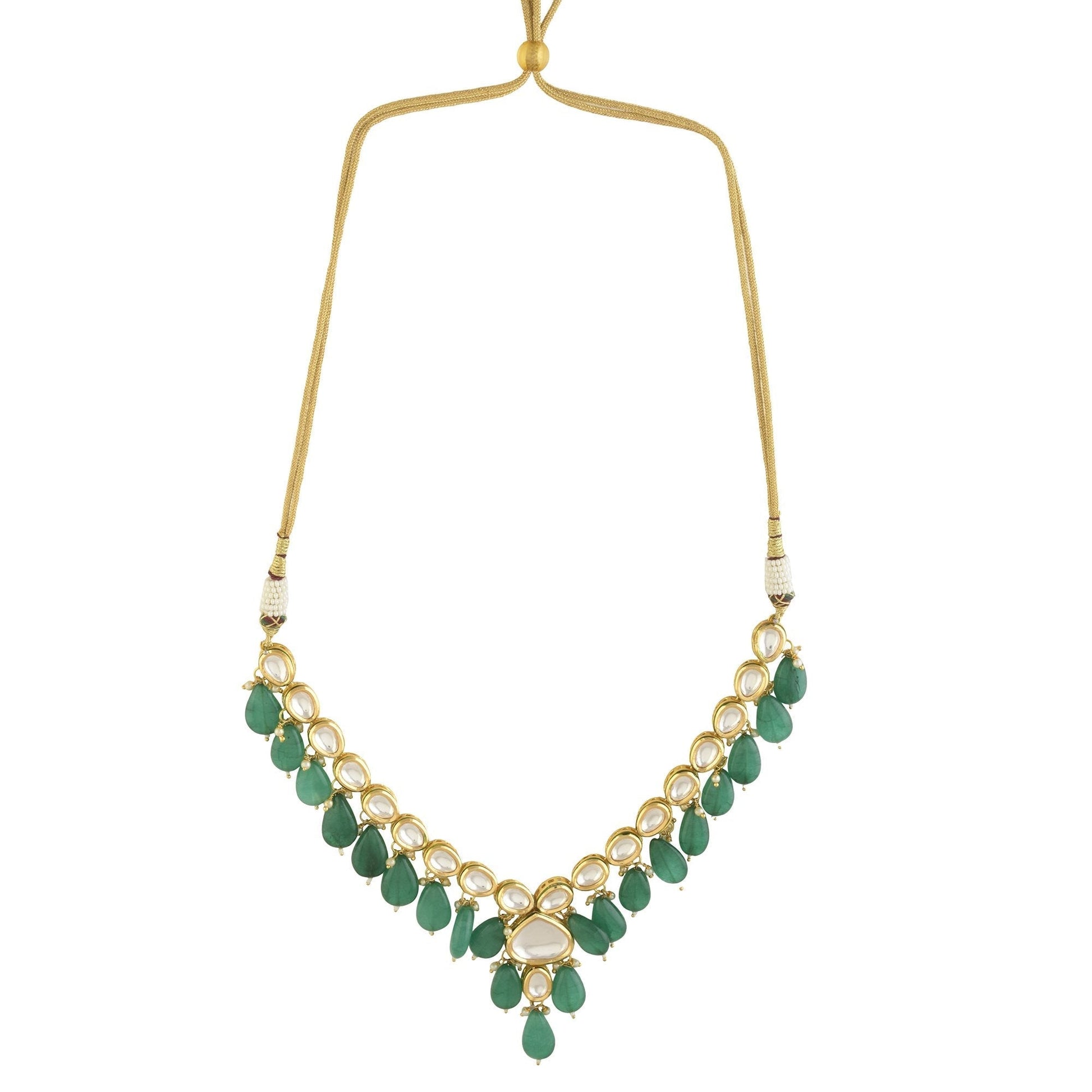 Peryl Women's Emerald Beaded Gold Toned Kundan Inspired Necklace With Earrings - Grab2buy