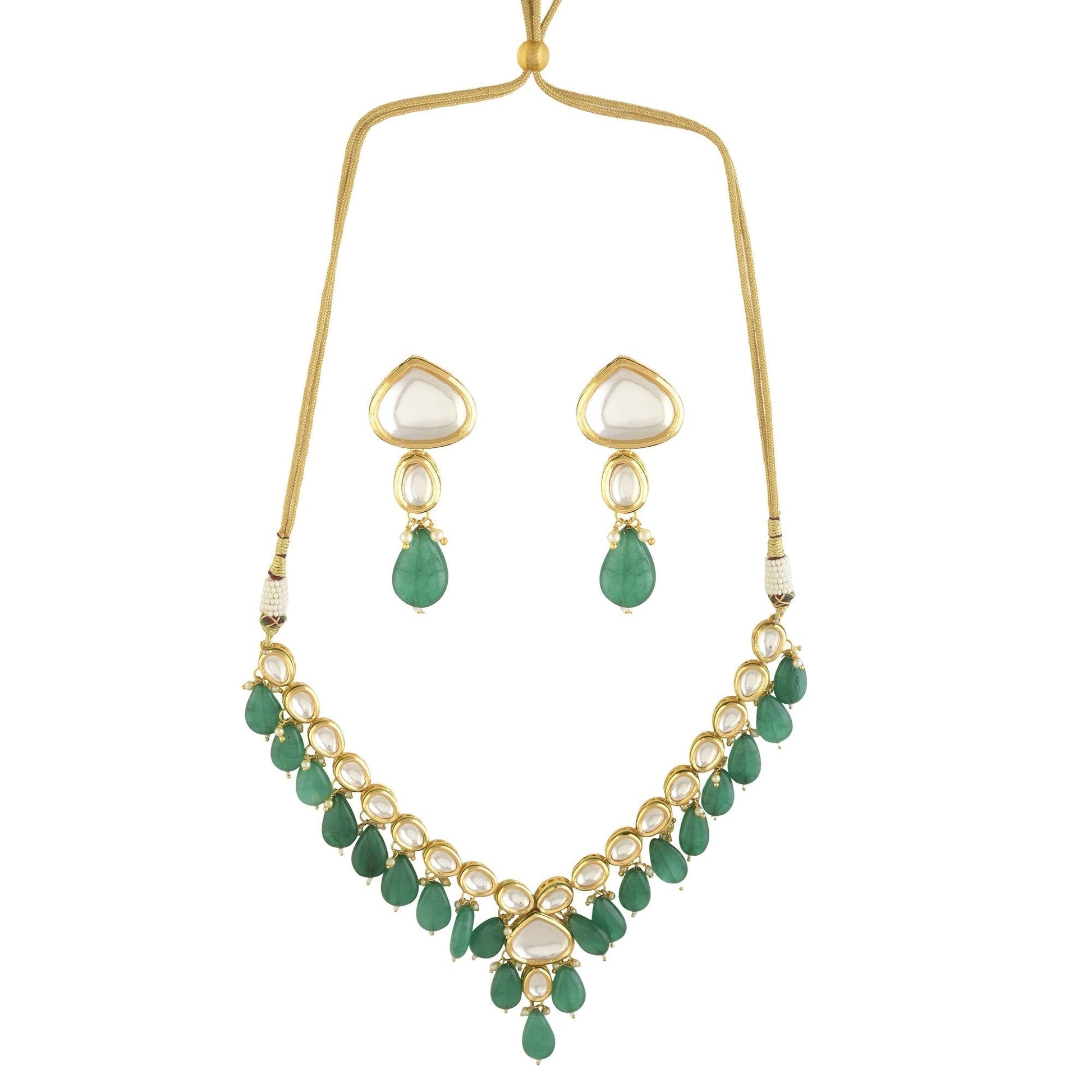 Peryl Women's Emerald Beaded Gold Toned Kundan Inspired Necklace With Earrings - Grab2buy