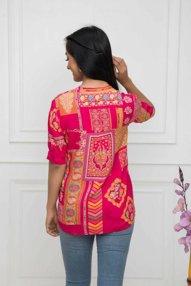 Myshka Women Red Floral Mandarin Collar Regular Sleeves Viscose Rayon Top