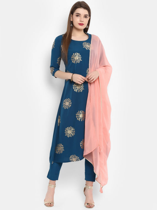 Janasya Teal Poly Crepe Gold Print Set 