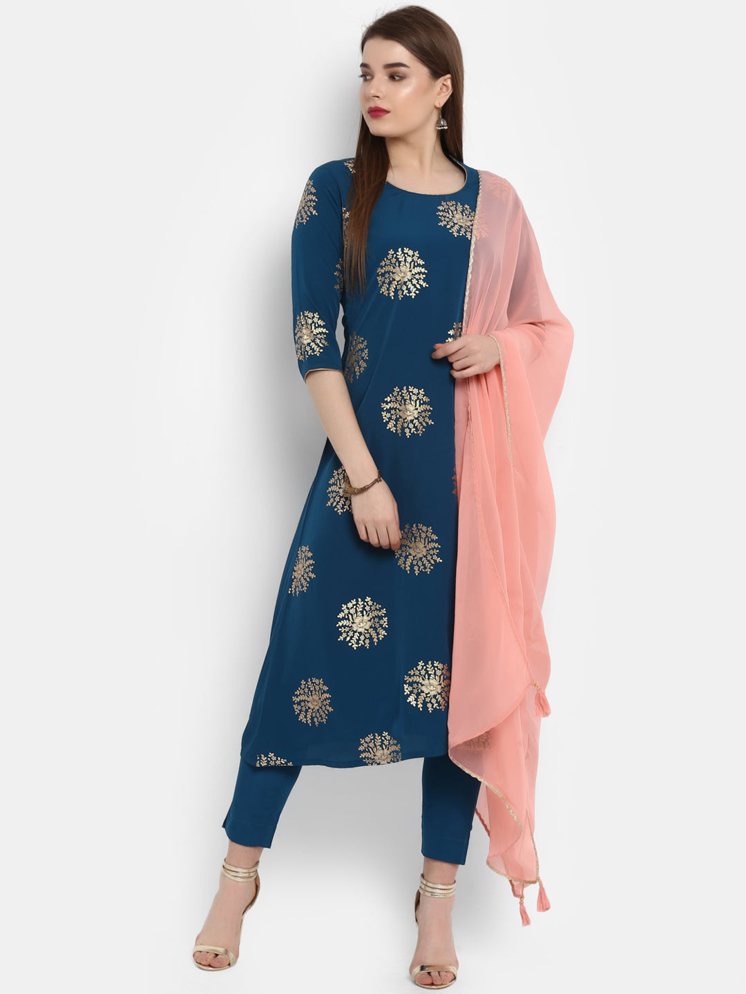 Janasya Teal Poly Crepe Gold Print Set 