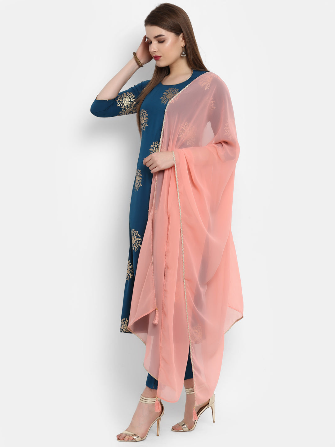 Janasya Teal Poly Crepe Gold Print Set 