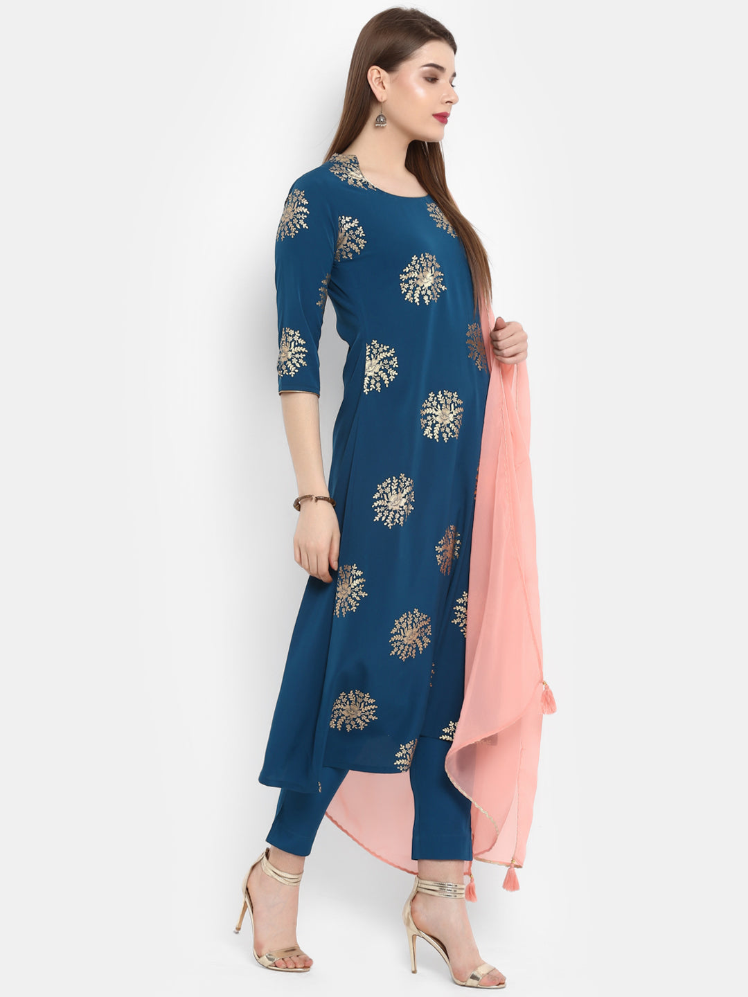 Janasya Teal Poly Crepe Gold Print Set 