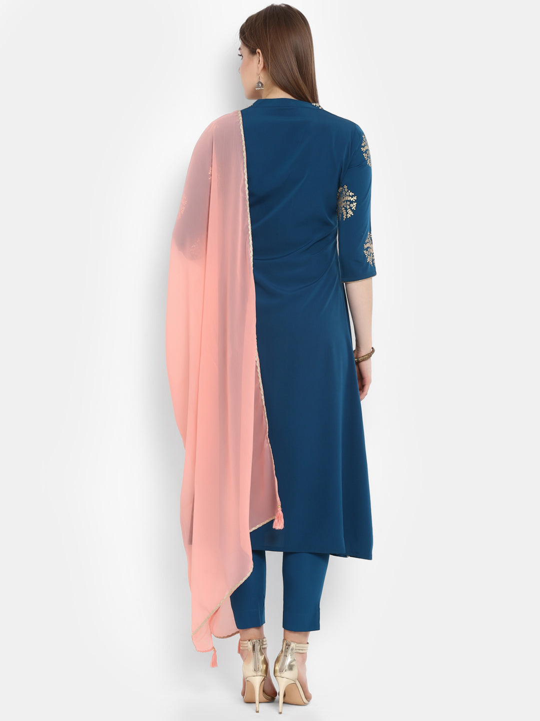 Janasya Teal Poly Crepe Gold Print Set 
