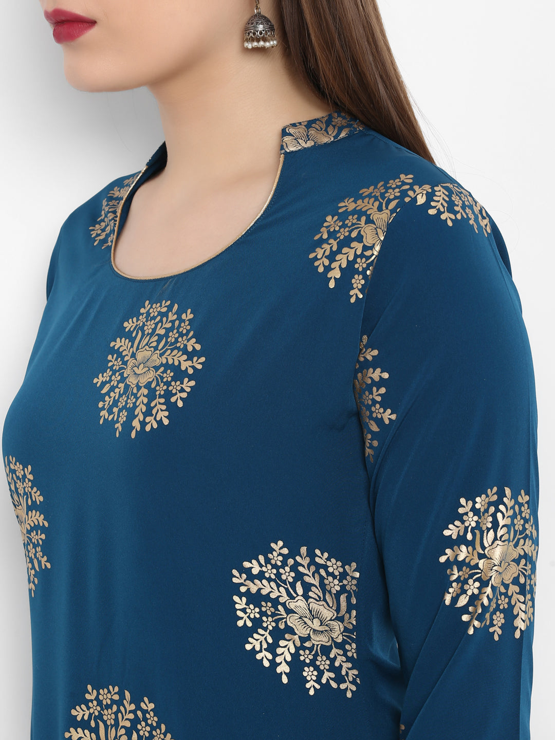 Janasya Teal Poly Crepe Gold Print Set 