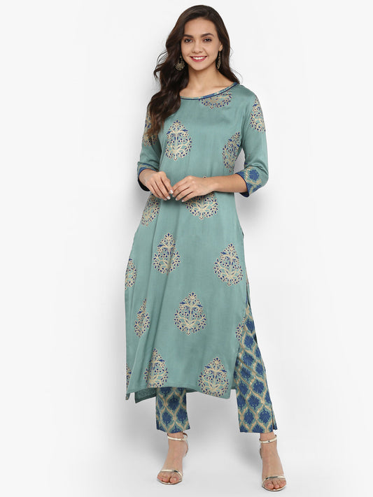 Janasya Turquoise Green Rayon Foil Print Set 