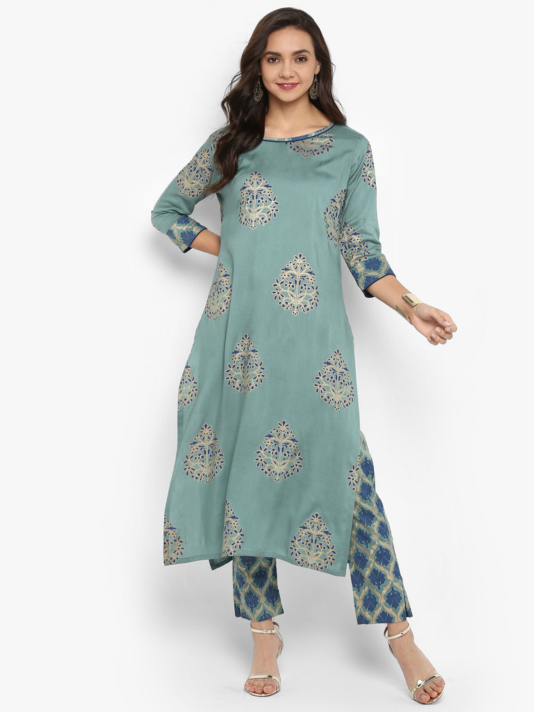 Janasya Turquoise Green Rayon Foil Print Set 