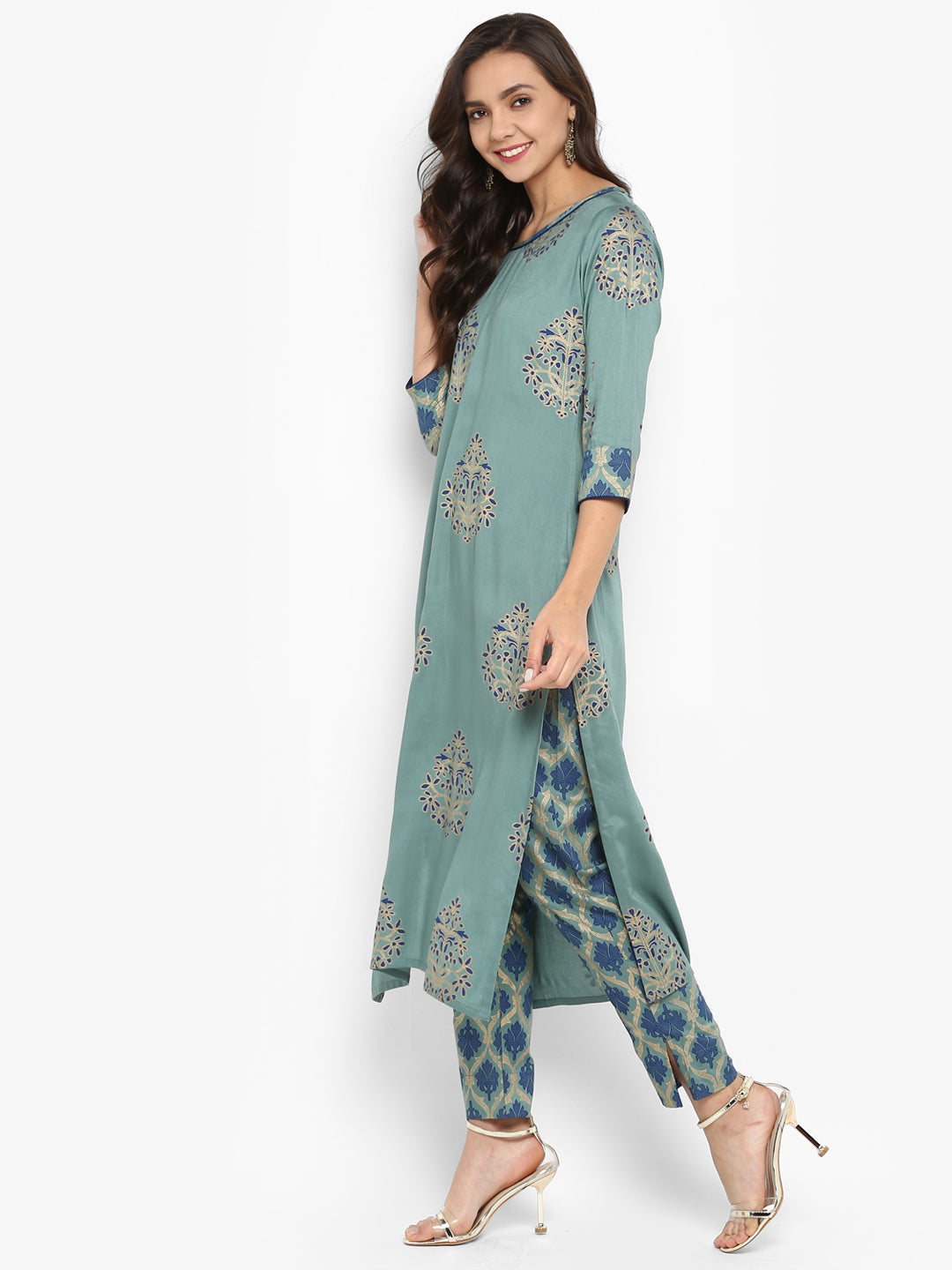 Janasya Turquoise Green Rayon Foil Print Set 