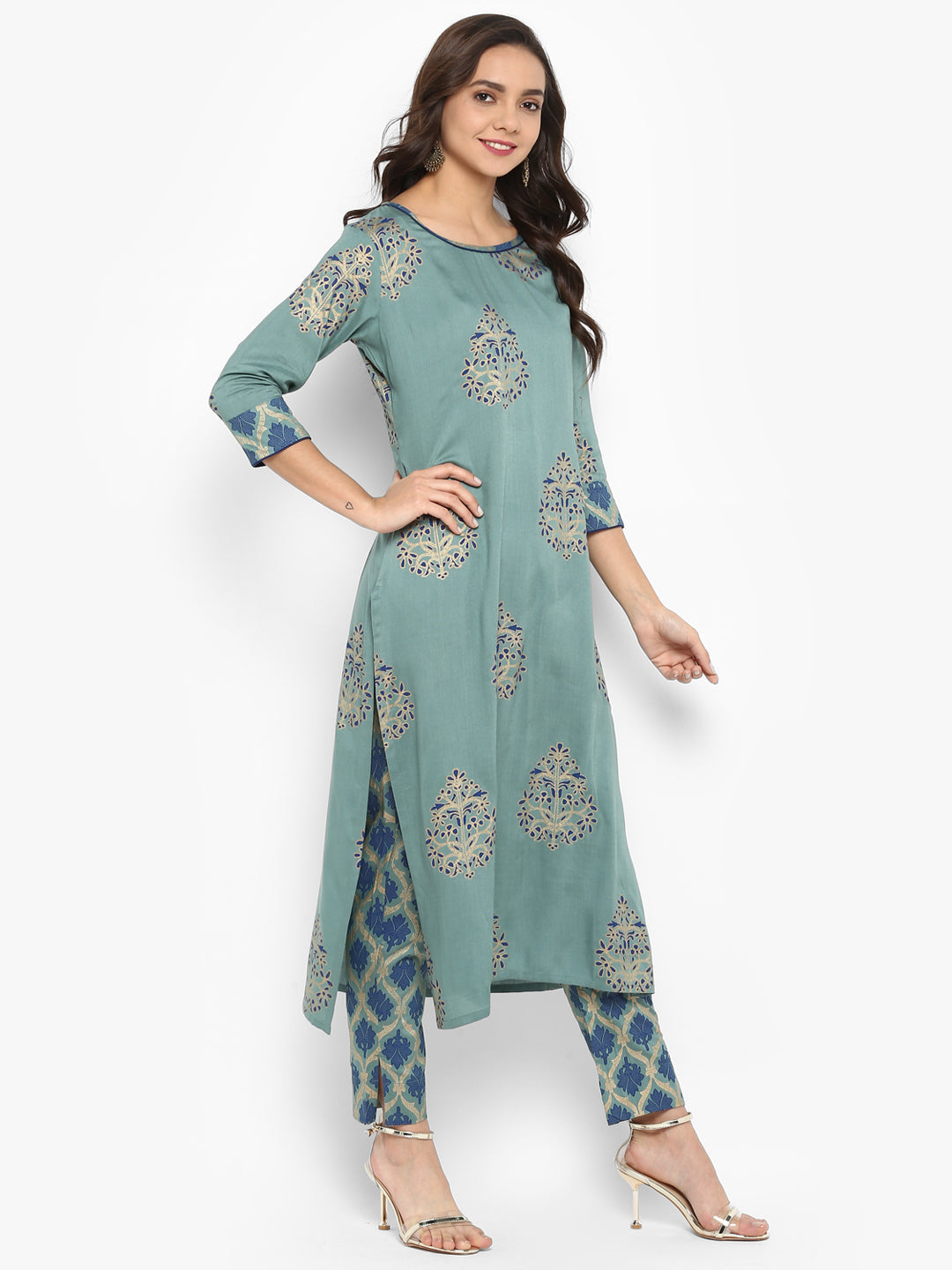 Janasya Turquoise Green Rayon Foil Print Set 