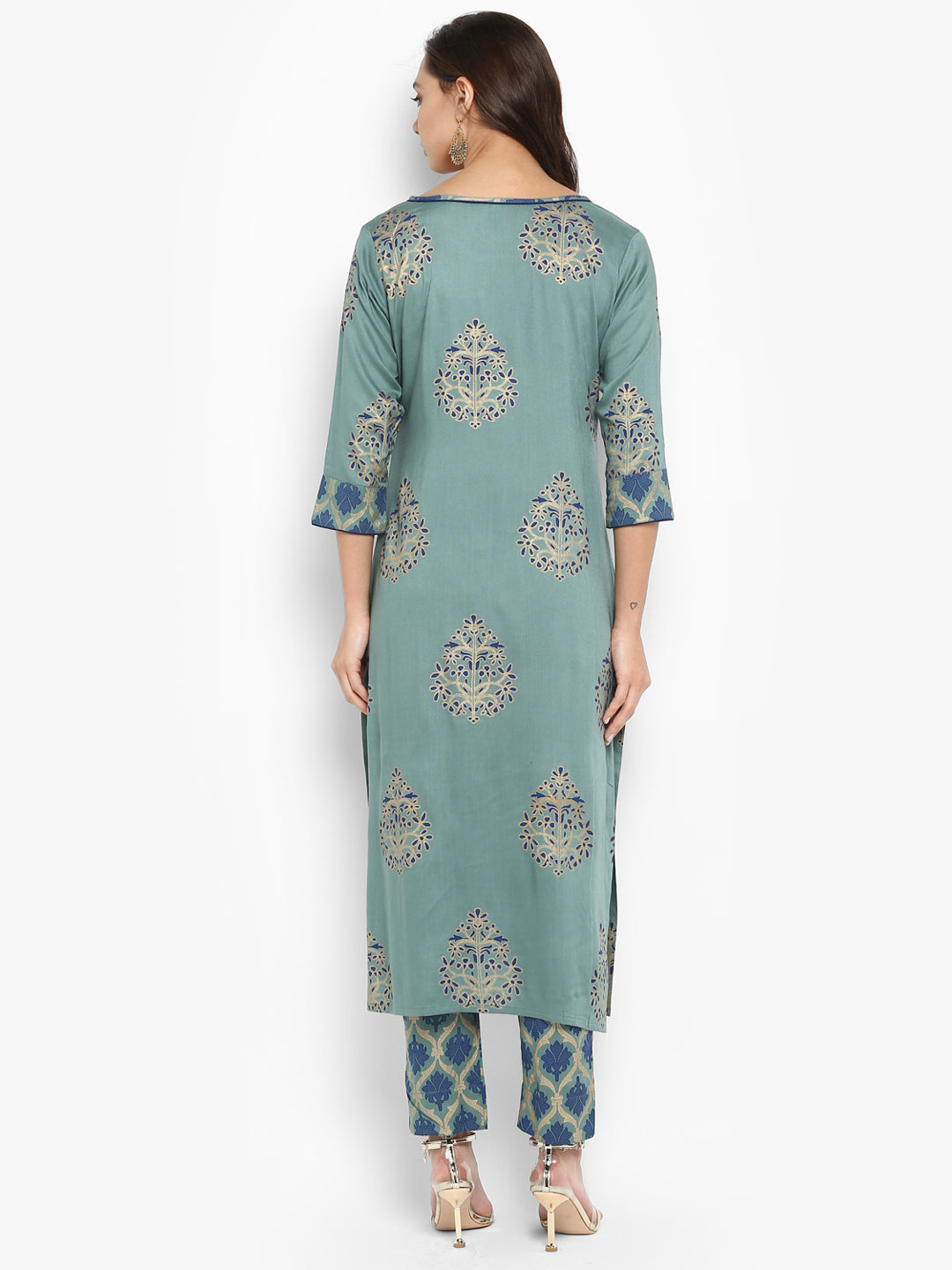 Janasya Turquoise Green Rayon Foil Print Set 