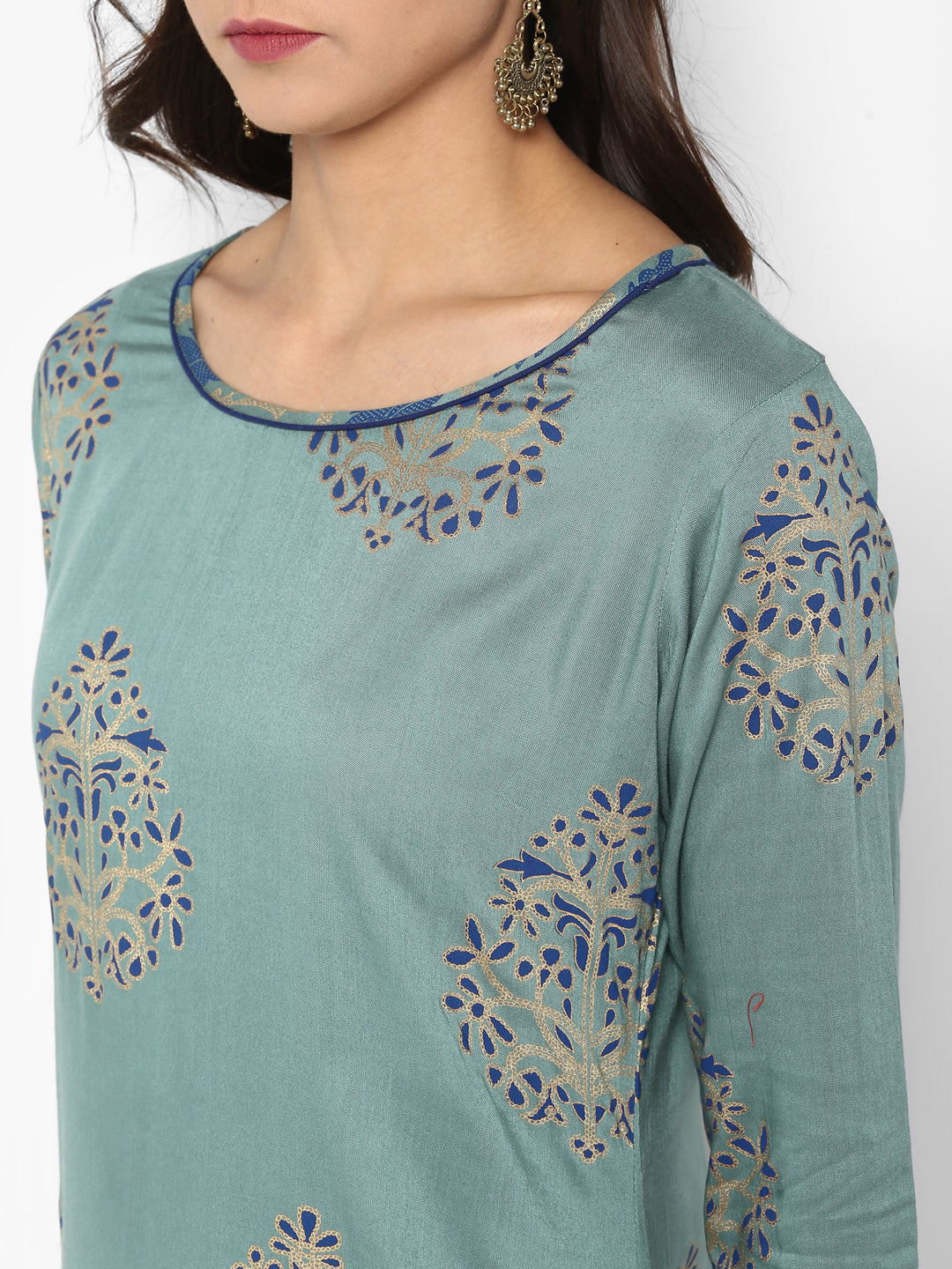 Janasya Turquoise Green Rayon Foil Print Set 