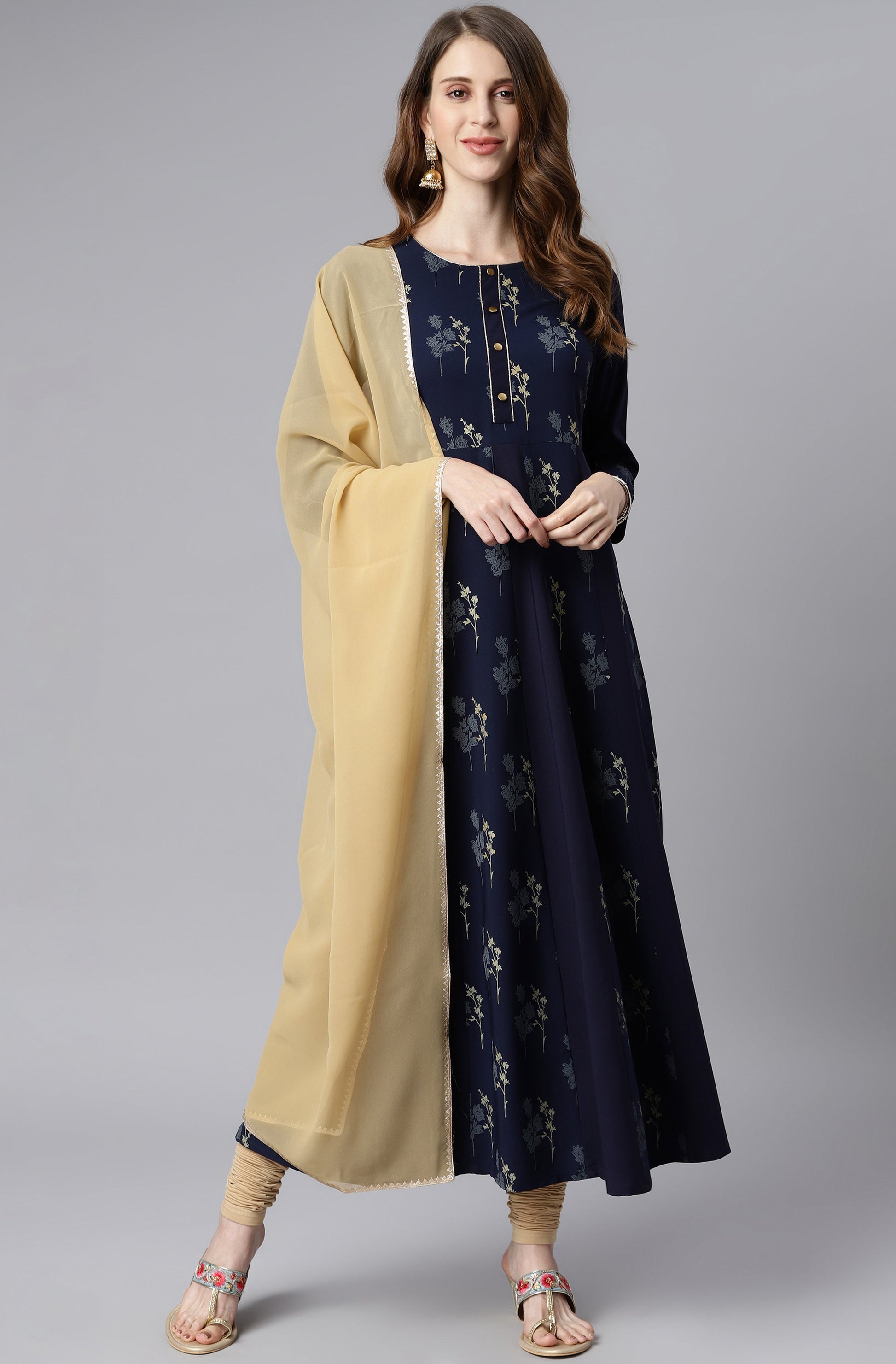 Janasya Women's Navy Blue Poly Crepe Floral Printed Anarkali Casual Kurta Set 