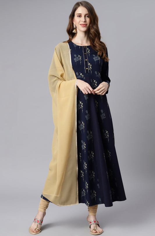 Janasya Women's Navy Blue Poly Crepe Floral Printed Anarkali Casual Kurta Set 