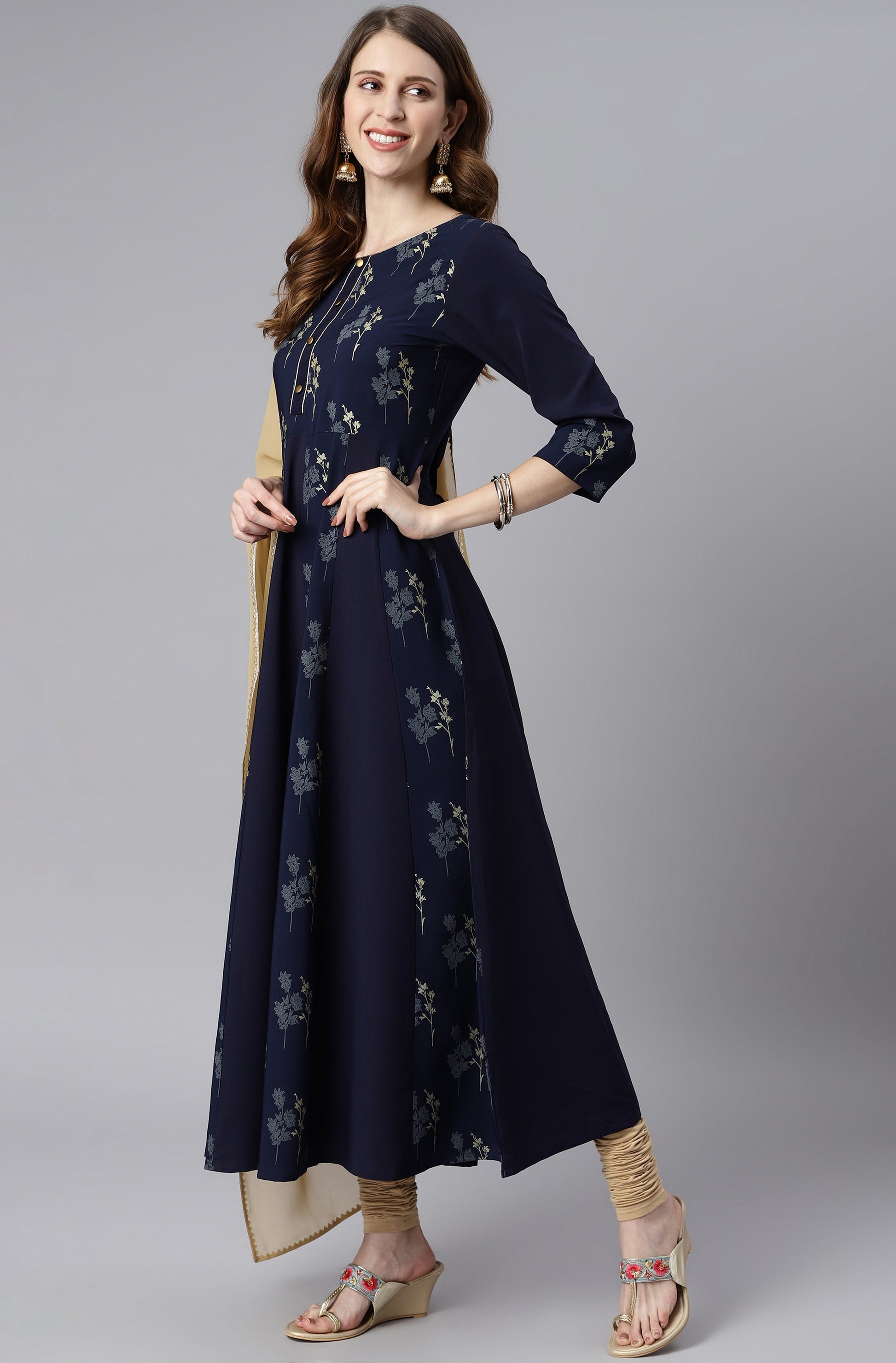 Janasya Women's Navy Blue Poly Crepe Floral Printed Anarkali Casual Kurta Set 