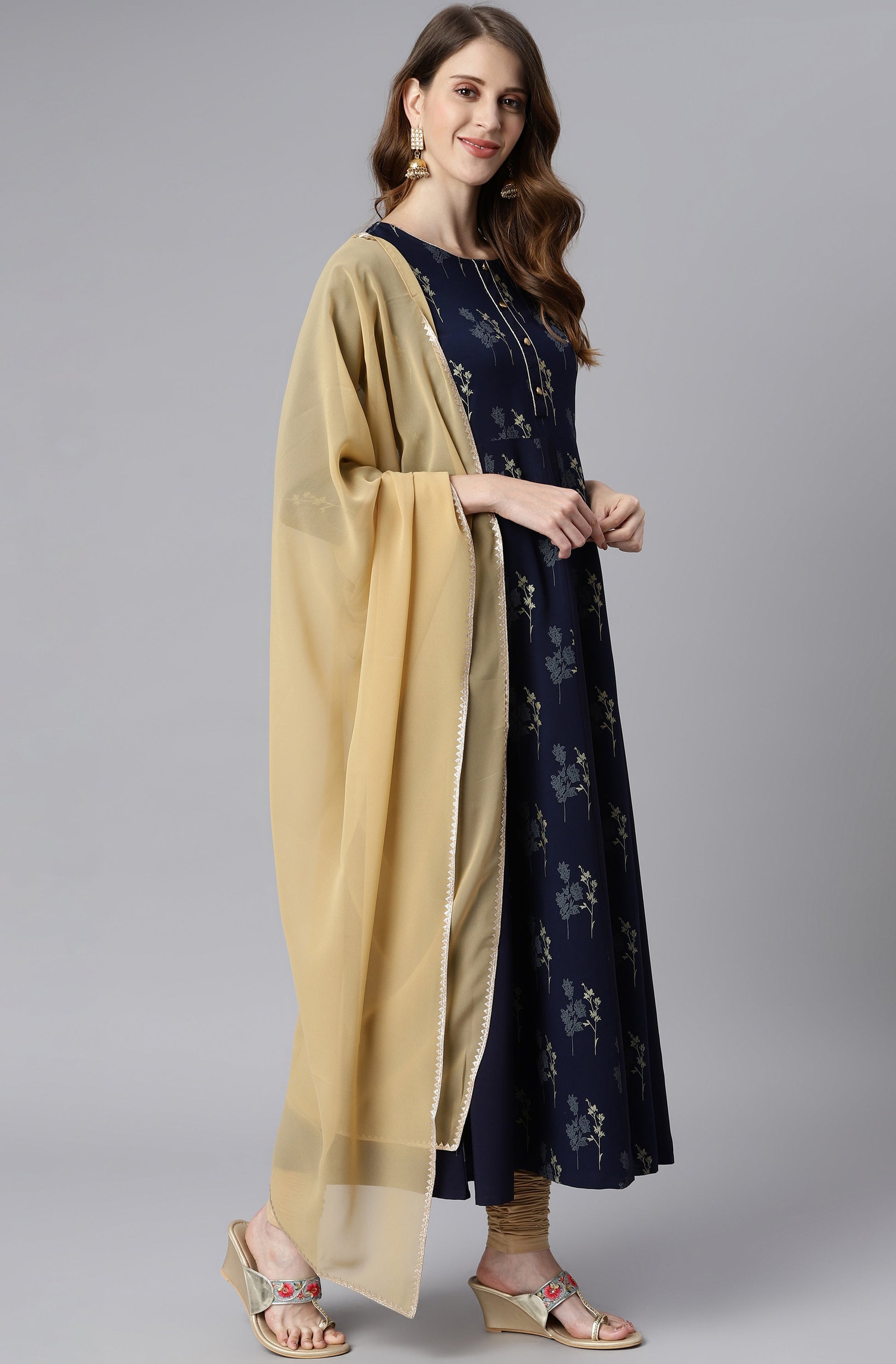 Janasya Women's Navy Blue Poly Crepe Floral Printed Anarkali Casual Kurta Set 